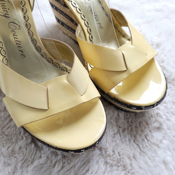 Juicy Couture Y2K Patent Leather Platform Hearts Espadrille Lemon Yellow Wedge - Picture 2 of 10